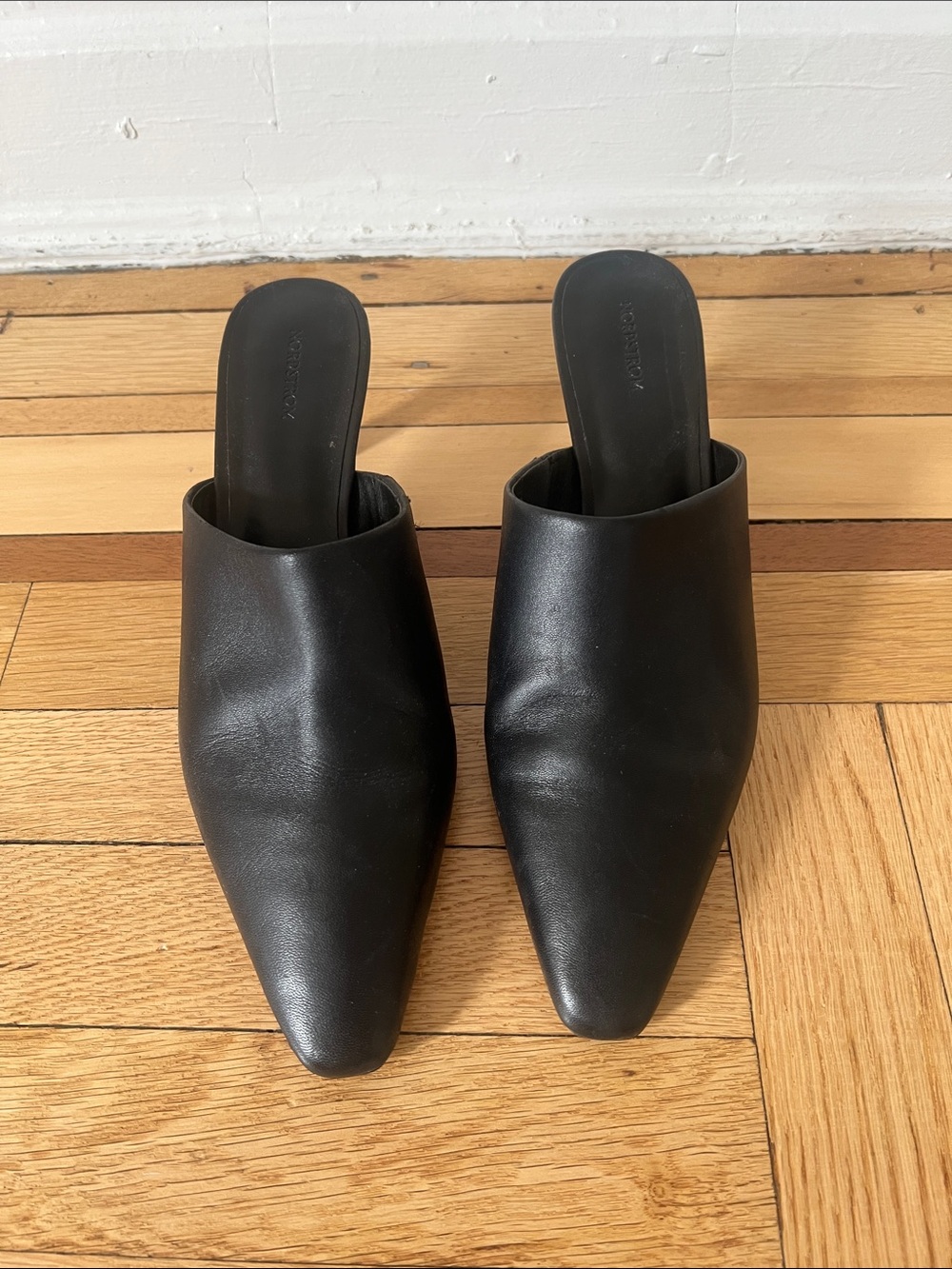 Black Leather Nordstrom Pointed-Toe Mule Kitten Heel Slip-Ons